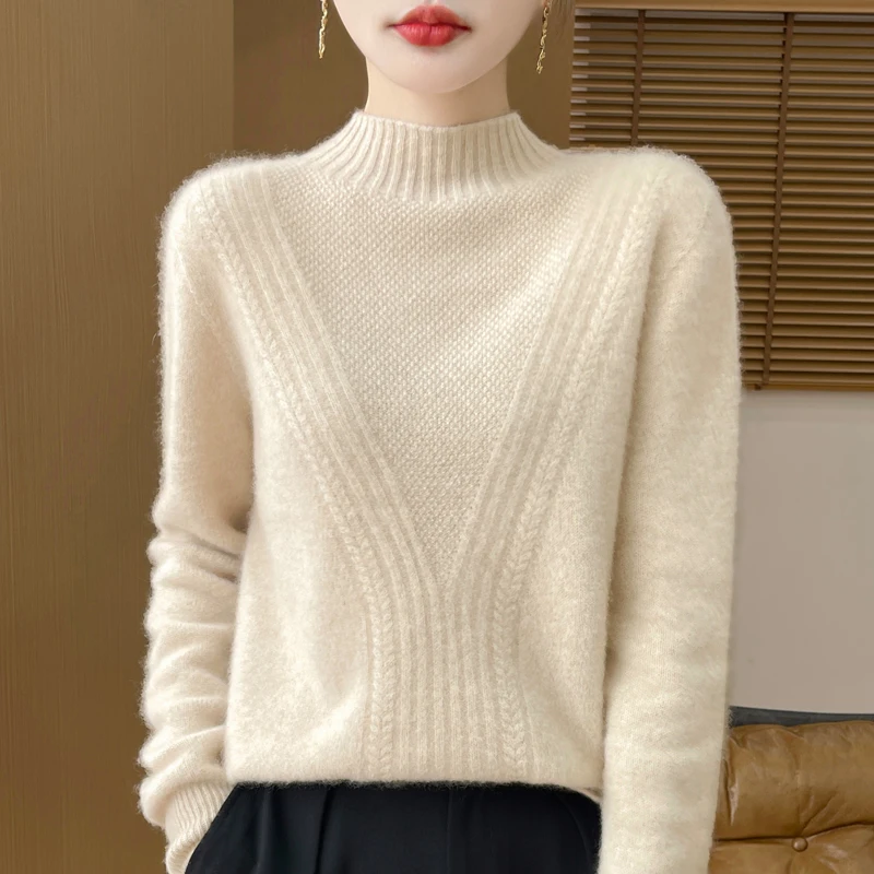 Women’s Pullover Sweater – Wool Blend – Relaxed Fit – Half High Collar – Ribbed Knit