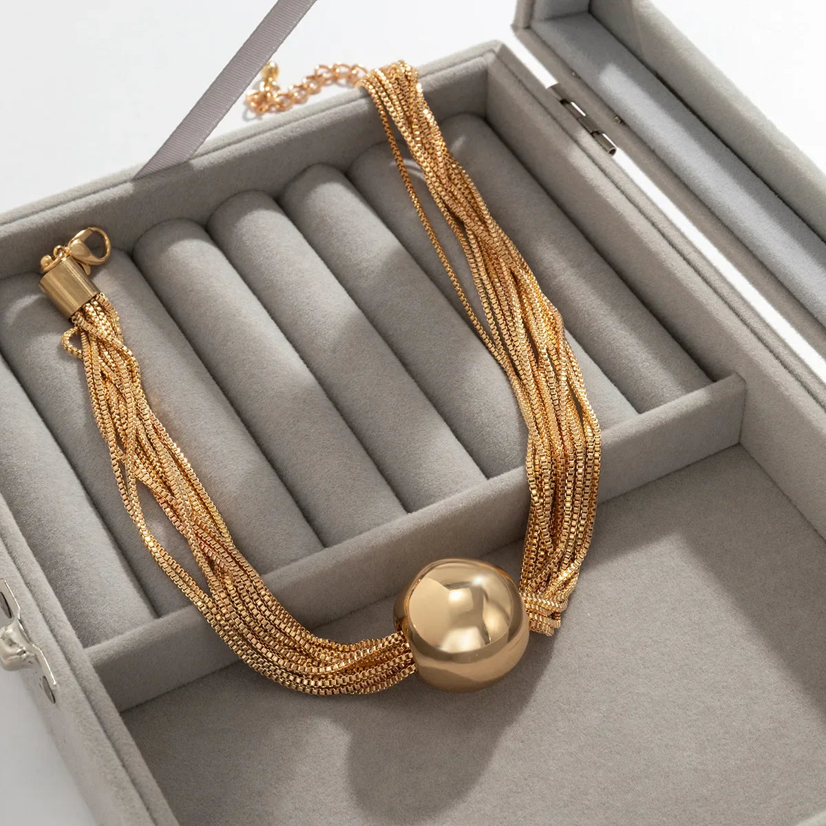 Women's Layered Choker Necklace - Multi-Strand Chain - Polished Ball Pendant
