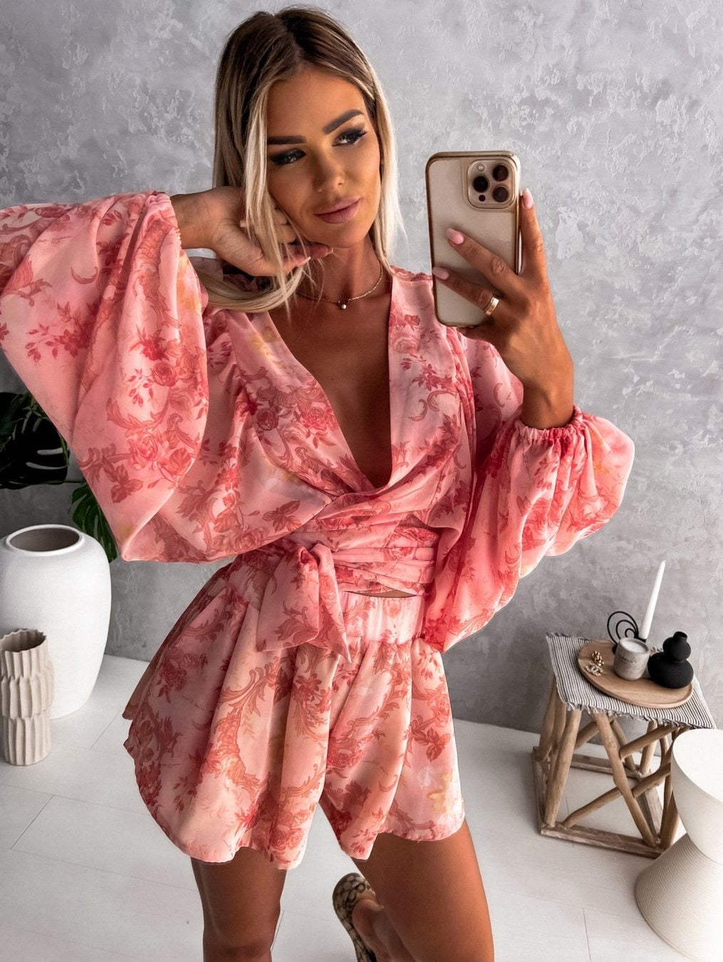 Women's Romper - Wrap V-Neck - Long Wide Sleeves - Lightweight Flowy Casual Wear