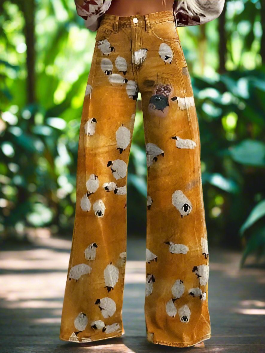 Vintage sheep-print wide-leg pants lightweight faux denim for women