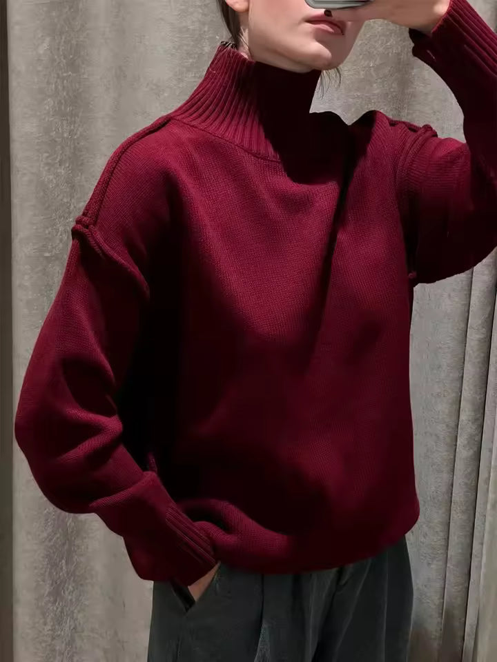 Women’s Turtleneck Sweater – Loose Fit Knit – Ribbed Trim – Exposed Seam Detail