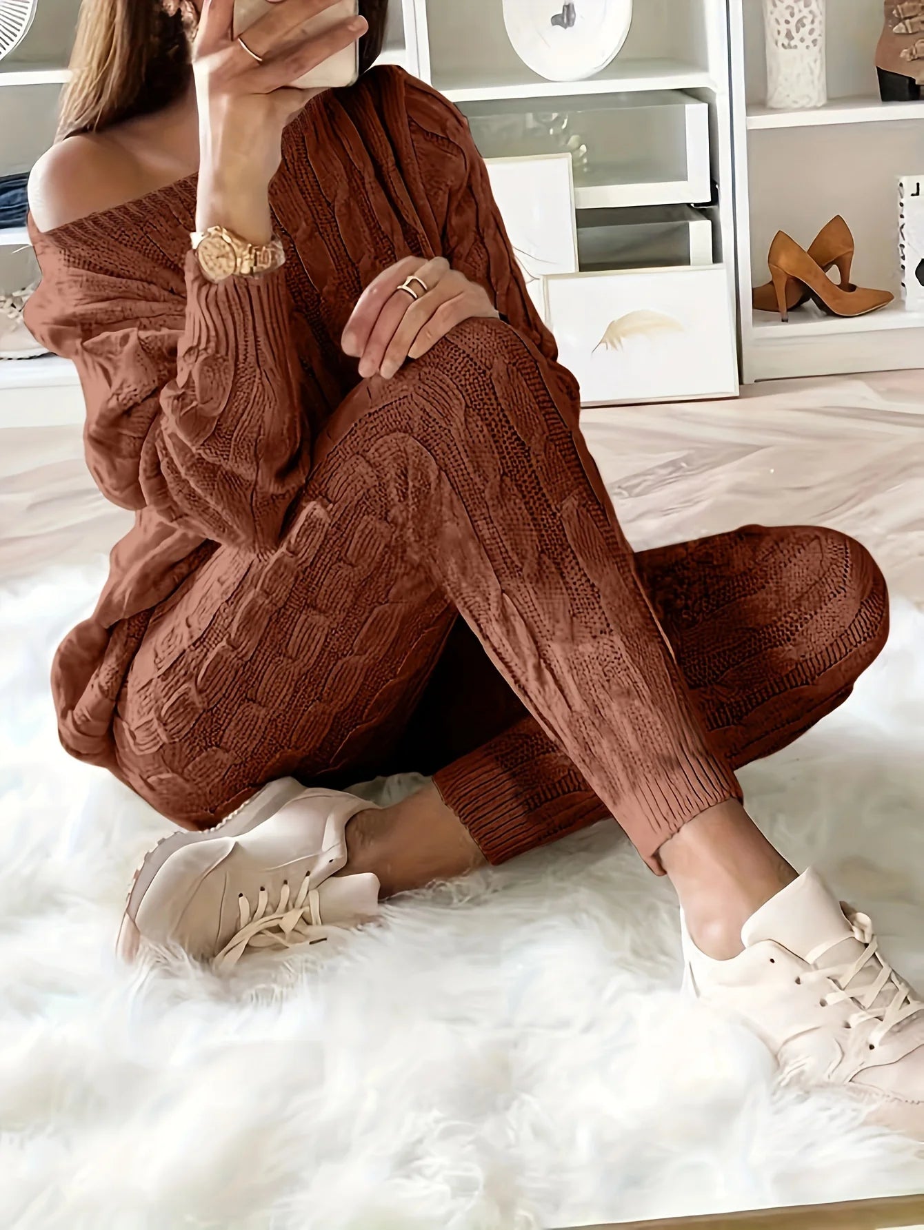 Women's casual knitted sweater and elastic pants set