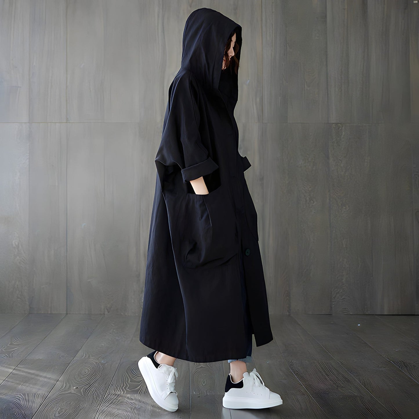 Women's retro literary oversized hooded trench coat with large pockets