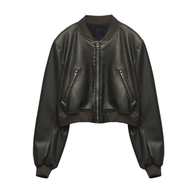 Women’s Bomber Jacket - Cropped Fit - Faux Leather - Zip Front - Ribbed Collar & Cuffs