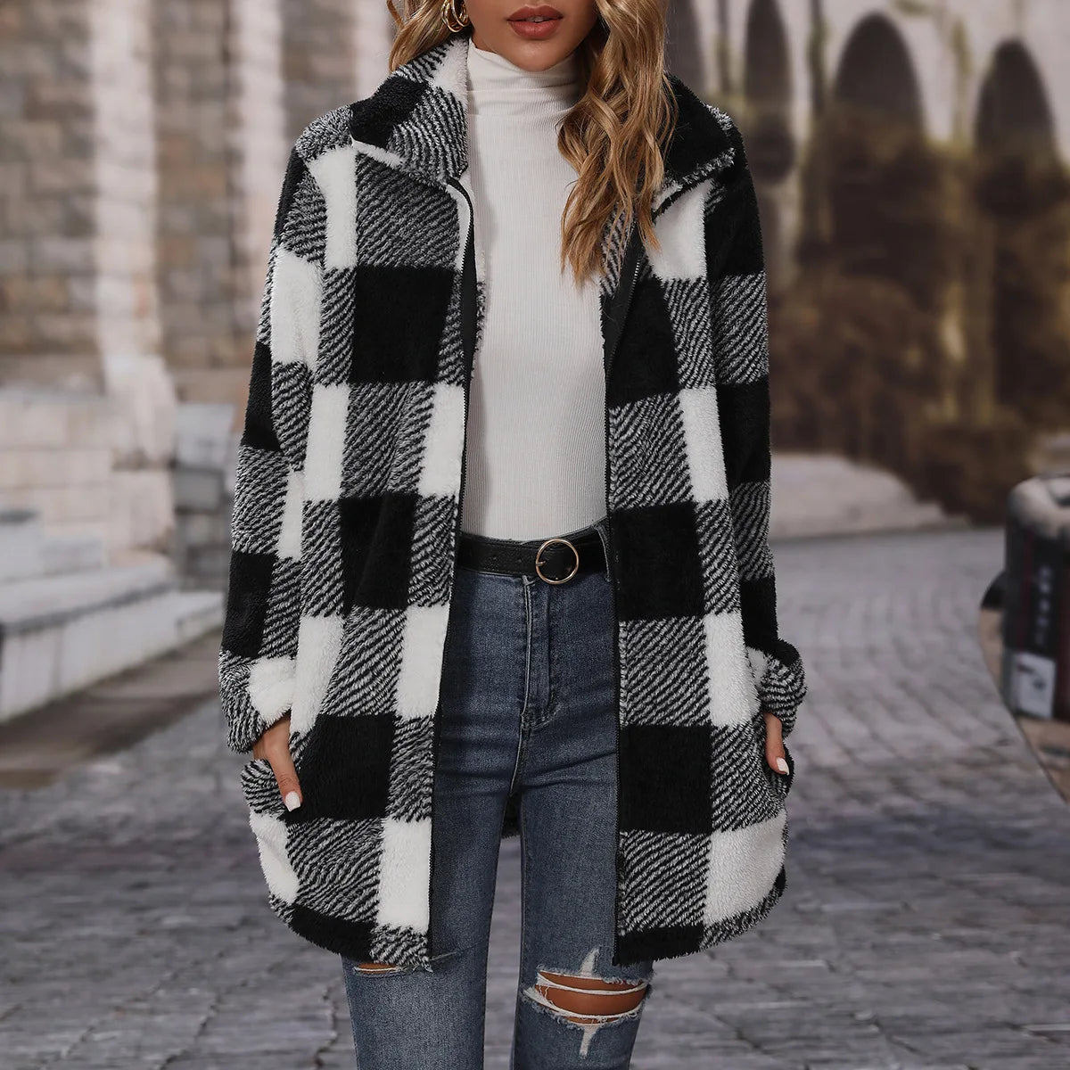 Women's black and white checkered long coat with lapel and zipper