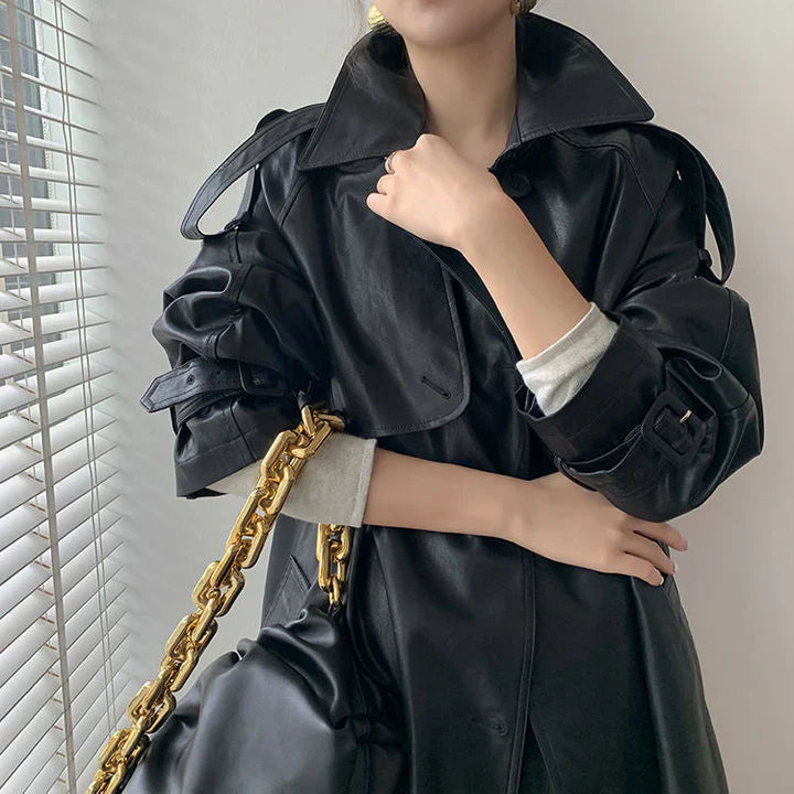 Women's Trench Coat - Faux Leather - Double-Breasted Long Fit - Wide Lapels Elegant Style