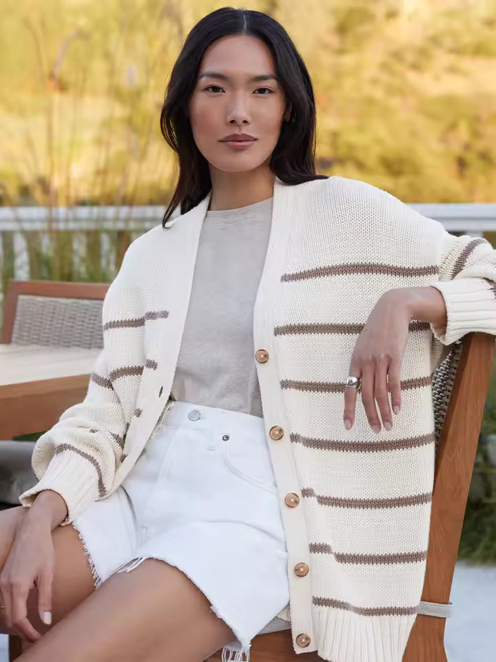 Women’s Cardigan – Relaxed Fit – Knit Striped – V-Neck Button Front – Ribbed Trim