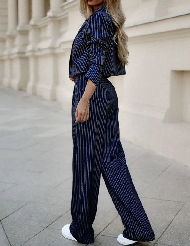 Women's striped lapel top and straight pants set