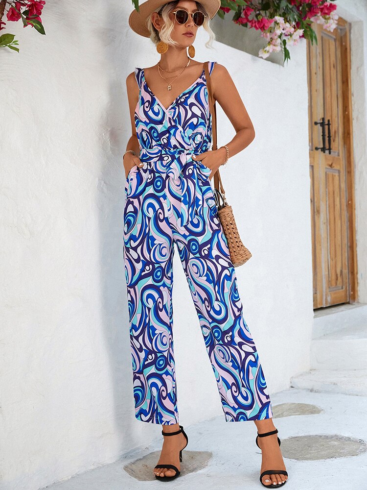 Women's Jumpsuit - Sleeveless Deep V-Neck - Wrap Style with Tie Belt - Full Length Printed