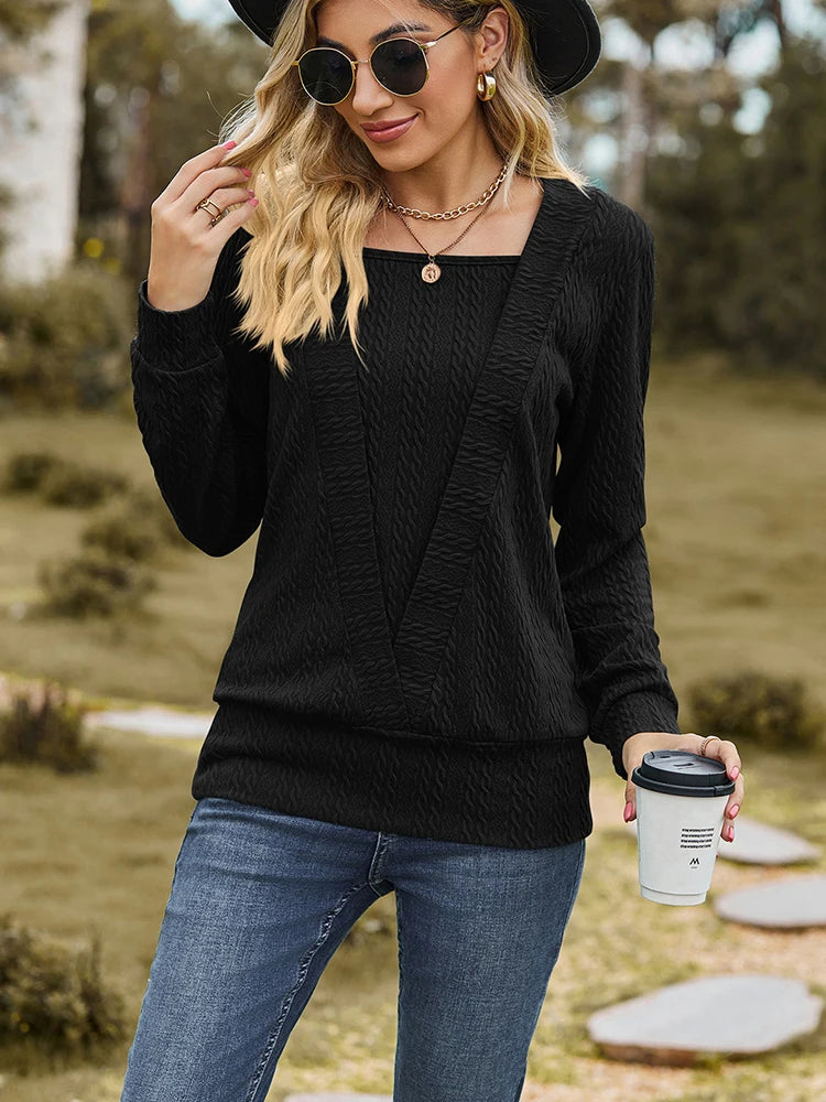 Elegant Square Neck Long Sleeve T-Shirt