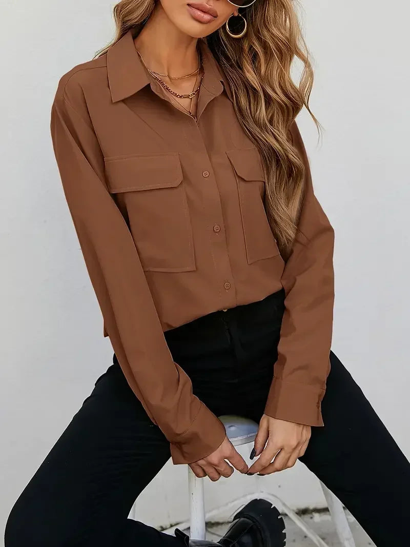 Solid brown button-up long sleeve shirt for women