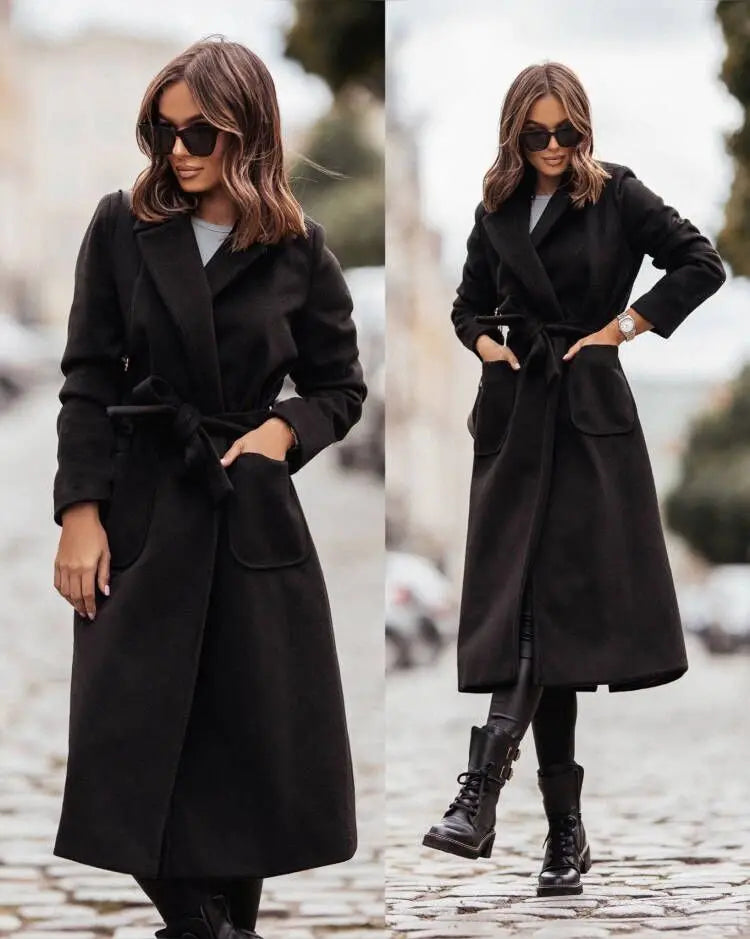 Women's Trench Coat - Long Wrap Style - Wide Lapel Collar - Belted Waist