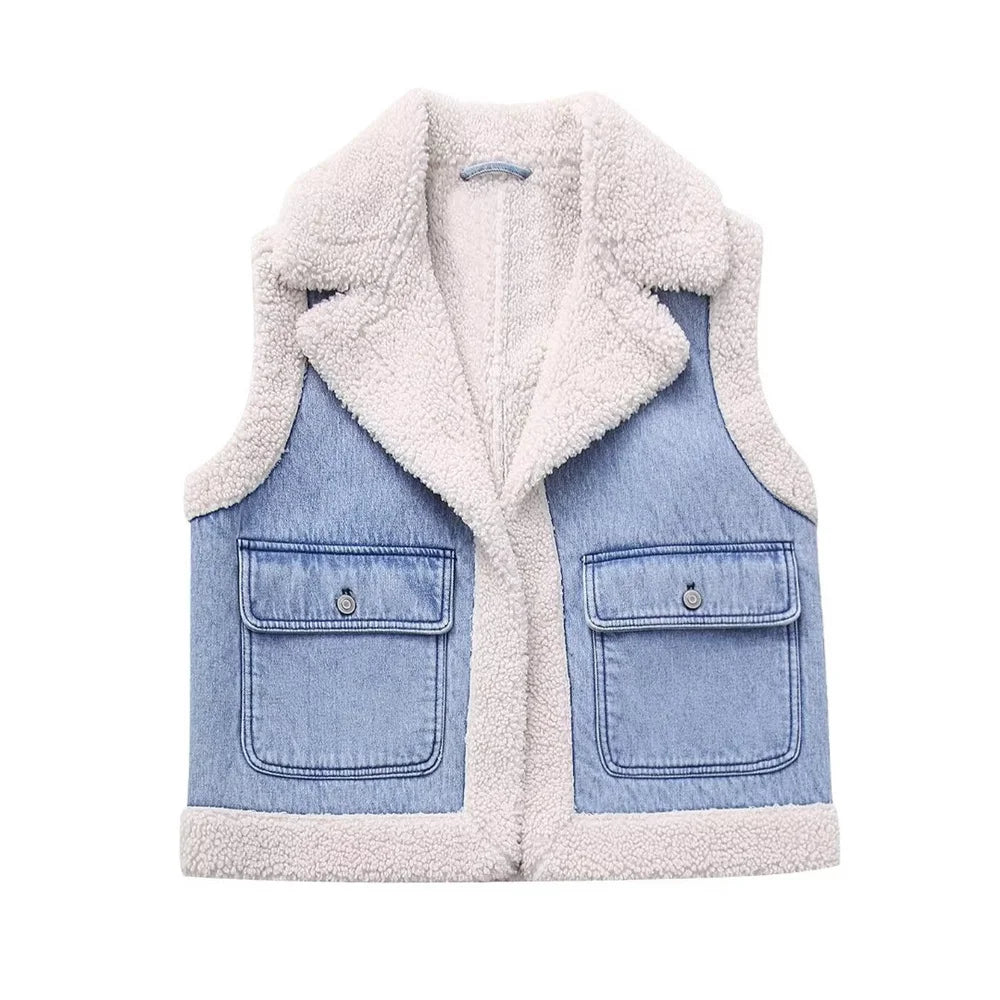 Sleeveless denim jacket for women with front pocket