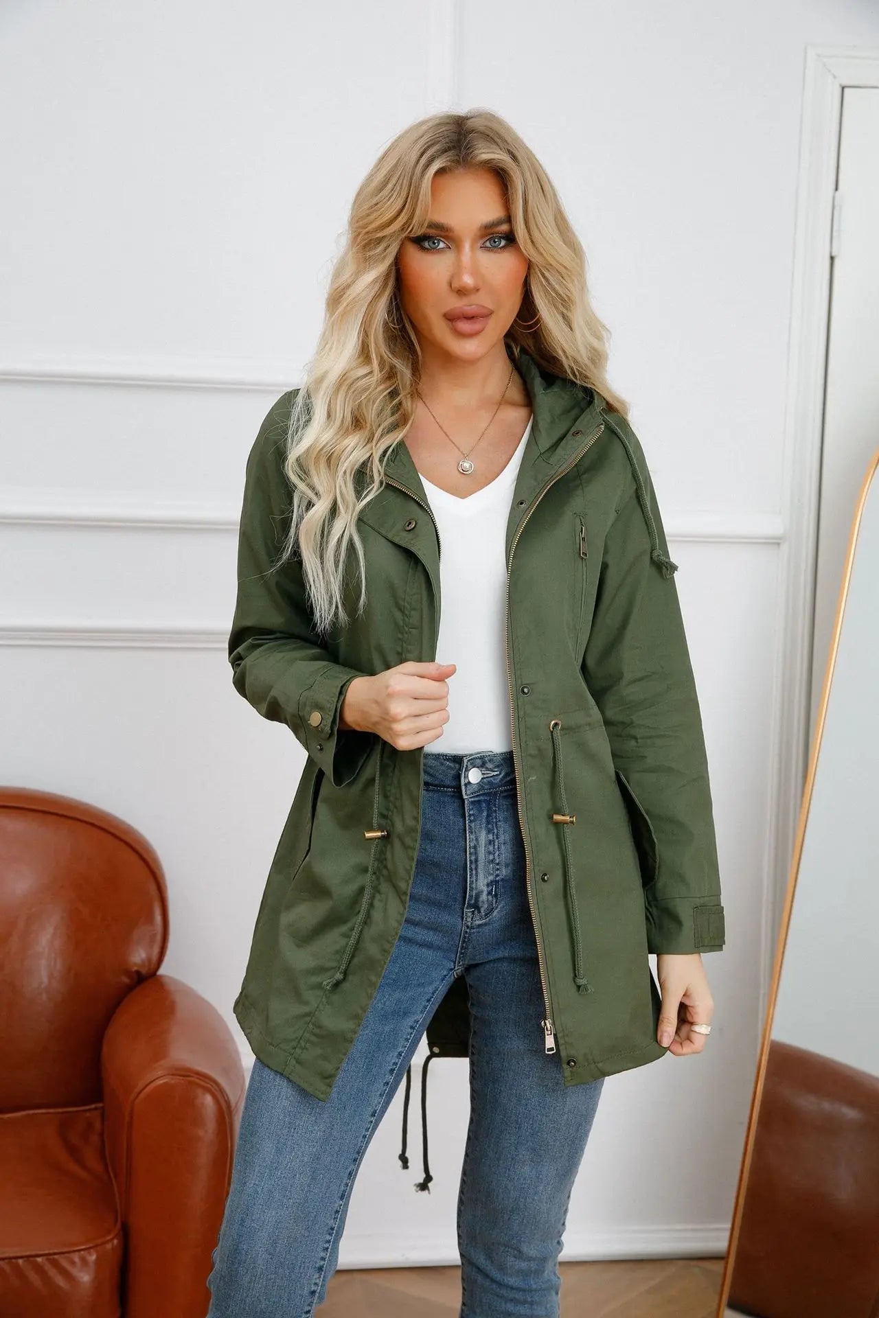 Women's comfortable hooded windbreaker trench coat