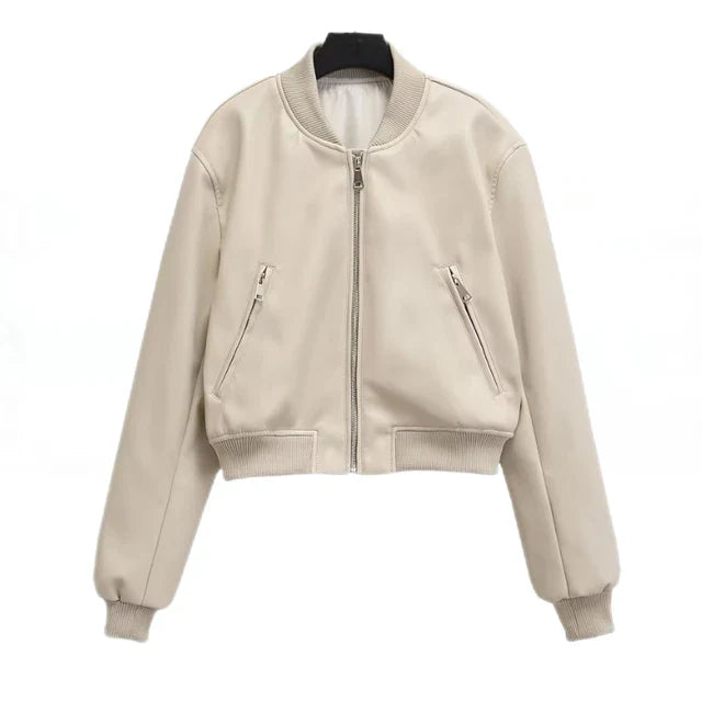 Women’s Bomber Jacket - Cropped Fit - Faux Leather - Zip Front - Ribbed Collar & Cuffs