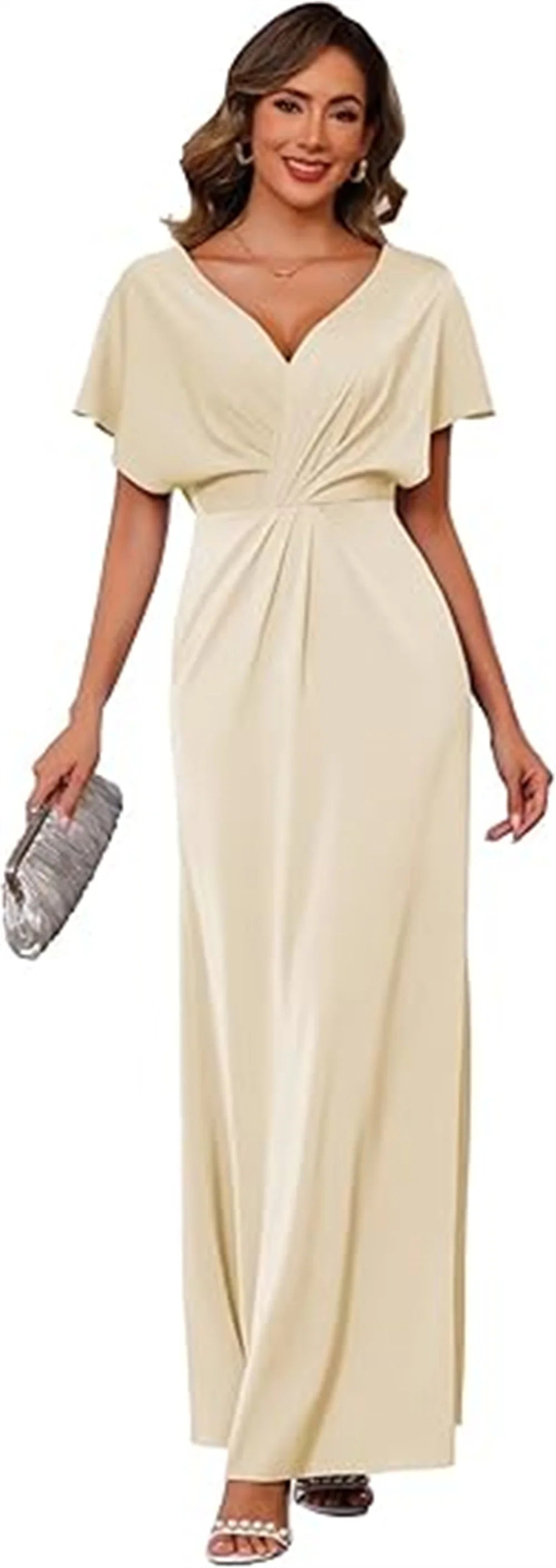 Women’s Maxi Dress – Satin Feel – Draped Waist – V-Neck – Short Sleeve Formal Fit