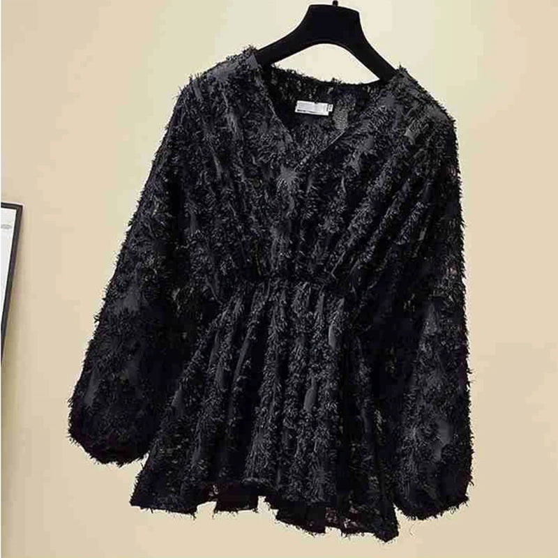 Women's Lace Blouse - V-Neck Peplum - Long Billowy Sleeves - Elegant Floral Pattern