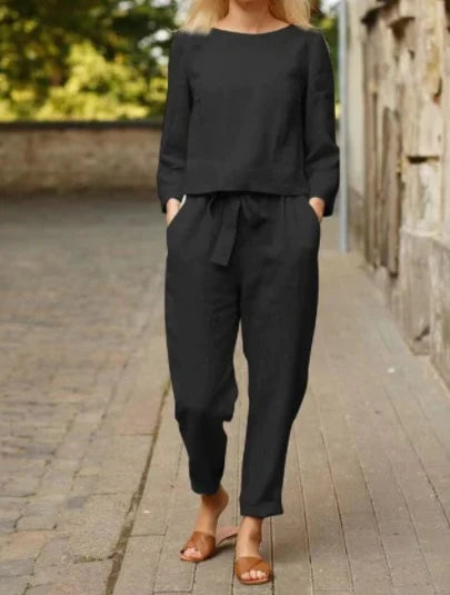 Women's Linen Matching Set - Relaxed Fit - Long Sleeve Top & Straight-Leg Pants
