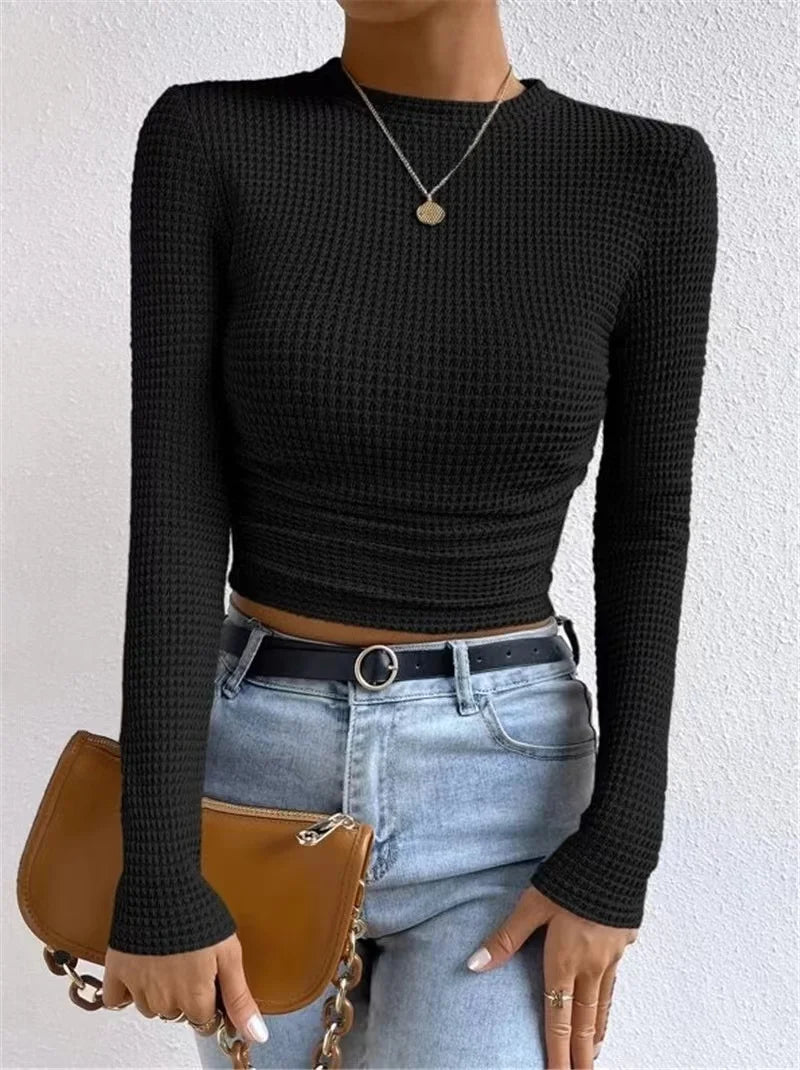 Women's basic waffle long sleeve t-shirt slim fit top