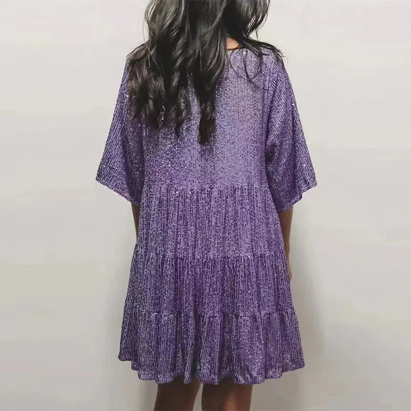 Women's Sequin Dress - A-Line Silhouette - Mid Sleeve - Round Neck - Party Wear
