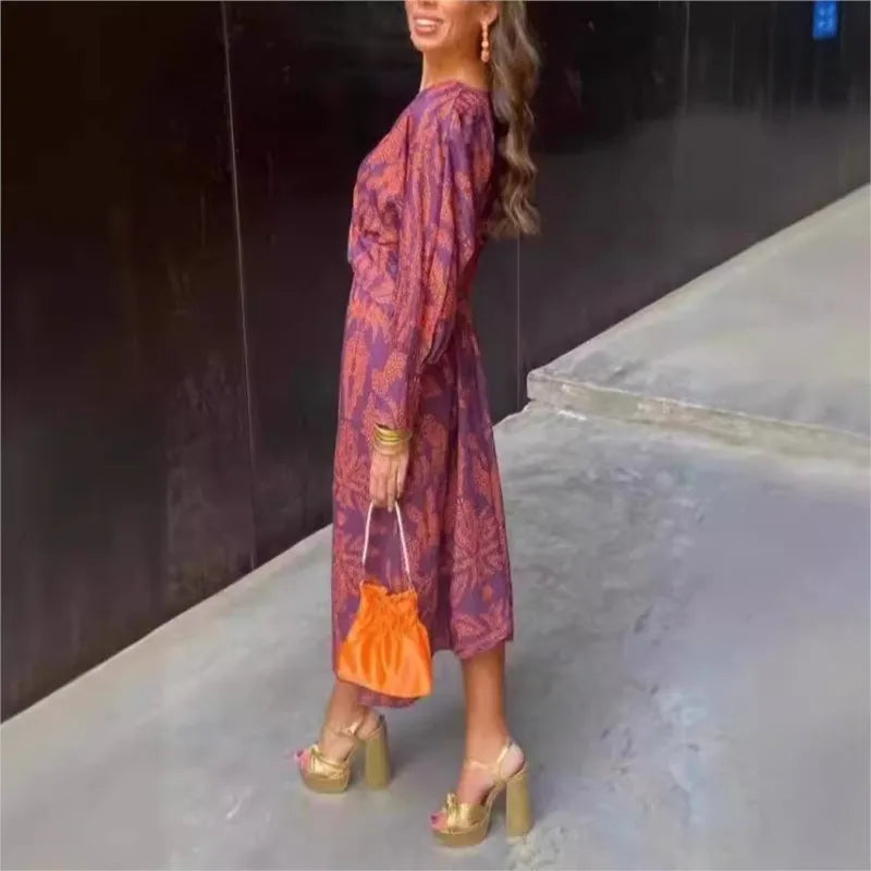 Women's Midi Dress - V-Neck - Long Sleeve - Form-Fitting Elegant Style