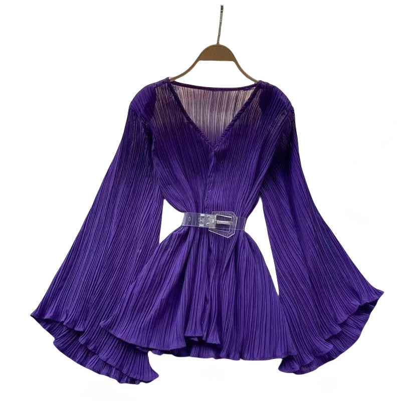 Women's Pleated Blouse - V-Neck - Flared Sleeves - Button Front - Cinched Waist