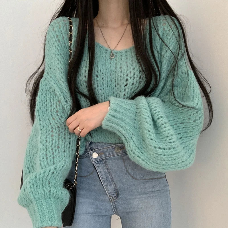 Hollow Out Lantern Sleeve Knitted Pullover Sweater