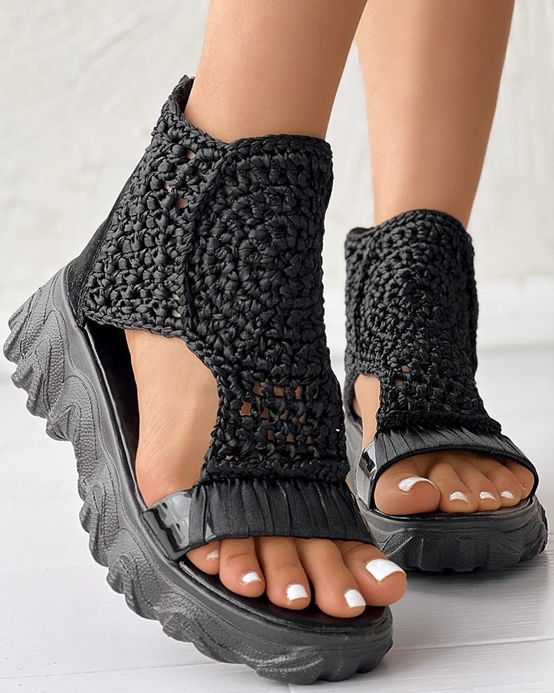 Women's Platform Sandals - Crochet Upper - High Ankle - Cushioned Rubber Sole