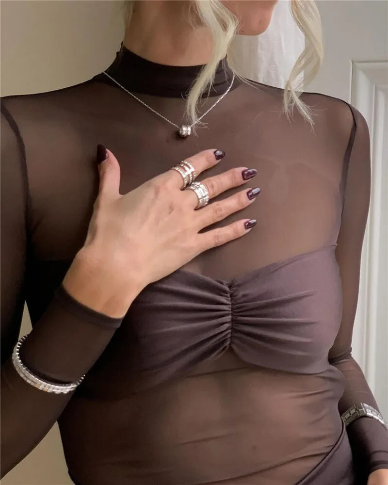 Women’s Bodycon Midi Dress – Sheer Mesh Long Sleeve – Ruched Skirt – High Neck