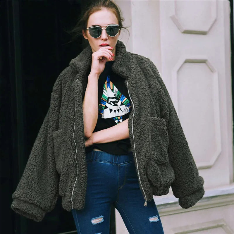 Women's elegant faux fur teddy coat