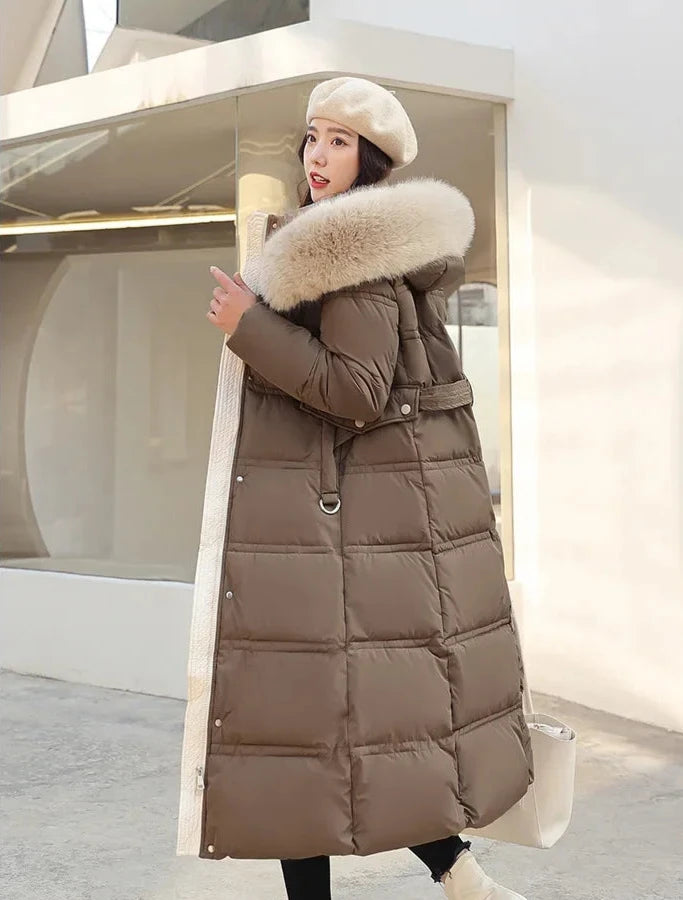 Women's long faux fur collar padded winter jacket