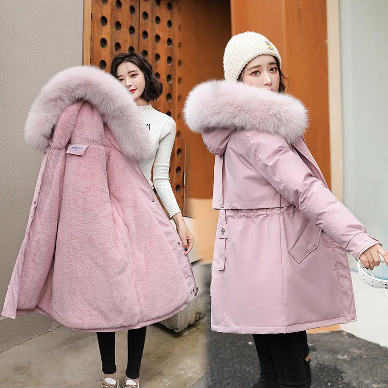 Women's long faux wool-lined parka with fur collar