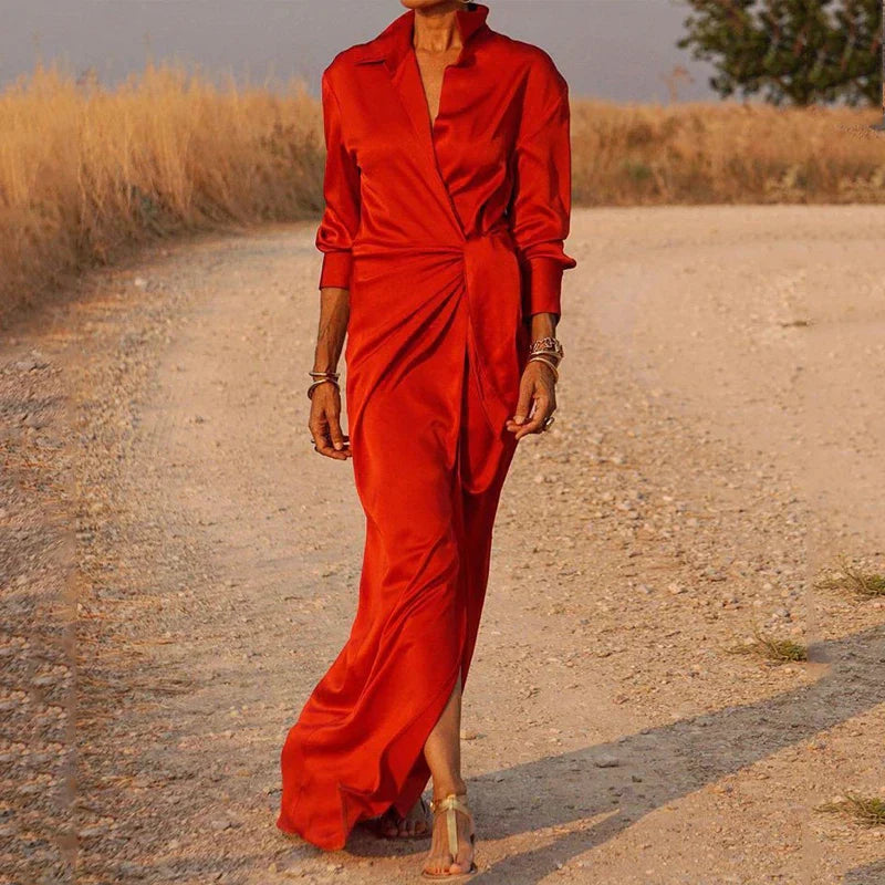 Women's Maxi Dress - Satin Silk Feel - V-Neck Collar - Long Sleeve Elegant Fit