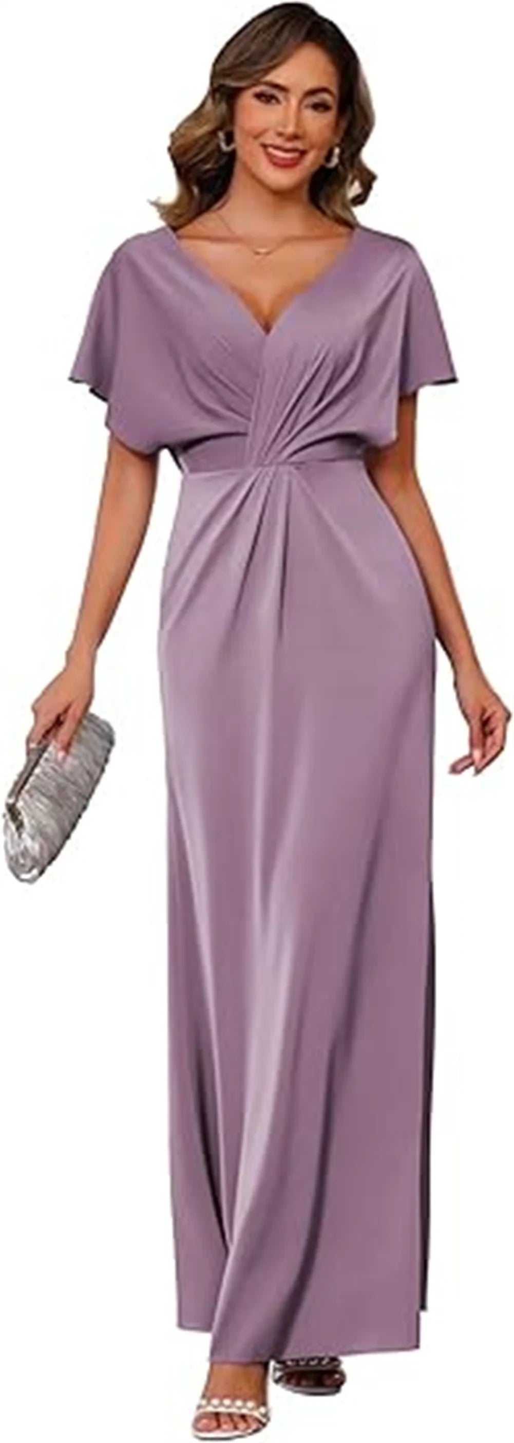 Women’s Maxi Dress – Satin Feel – Draped Waist – V-Neck – Short Sleeve Formal Fit