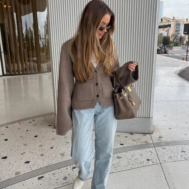 V-neck wool knitted sweater cardigan for women