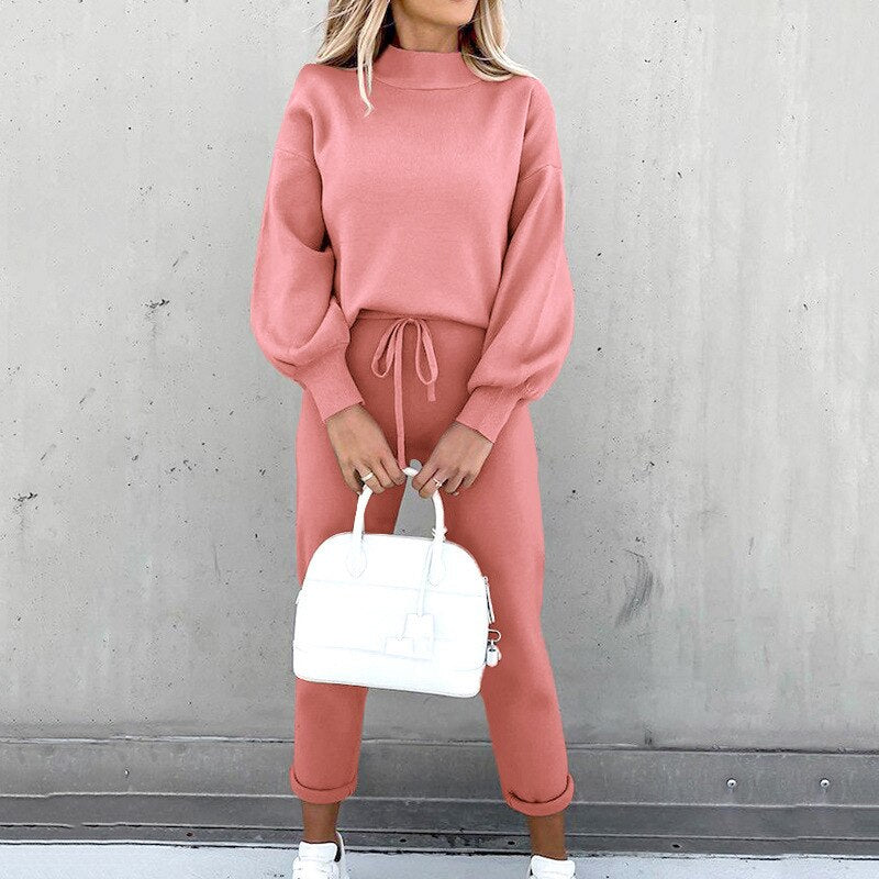 Women’s Loungewear Set - Soft Knit - Relaxed Fit Top & High-Waist Joggers - Balloon Sleeves