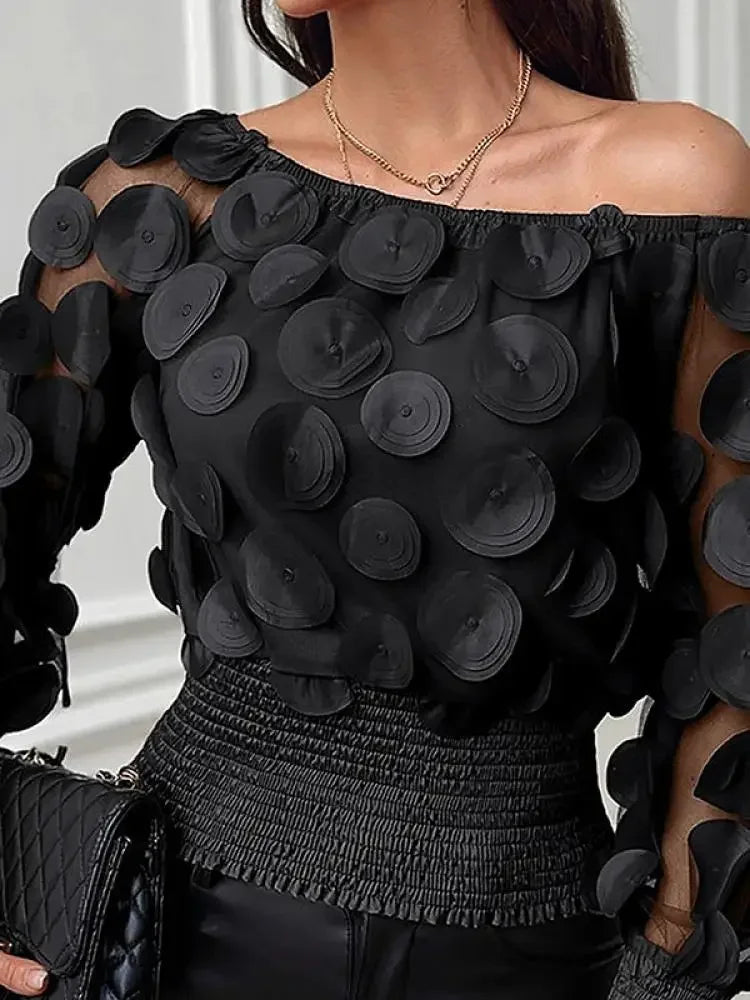 Women's Off-Shoulder Top - Sheer Fabric - 3D Applique - Smocked Waist - Long Sleeve