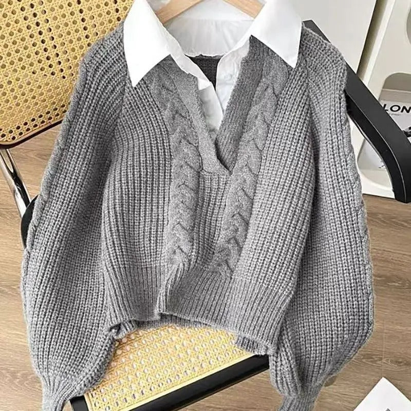 Women's Knitted Sweater - Cable Knit - V-Neck Cropped - Long Balloon Sleeves
