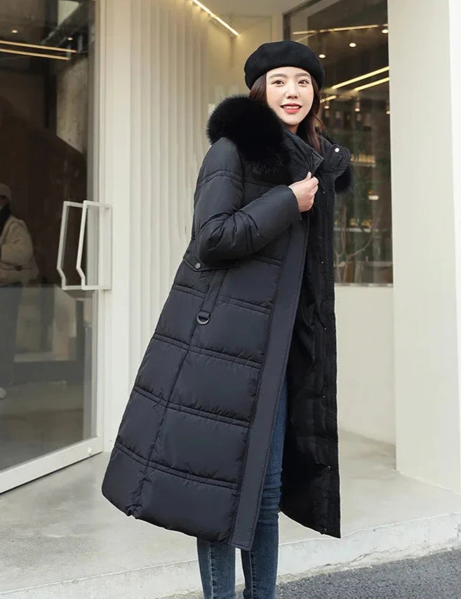 Women's long faux fur collar padded winter jacket