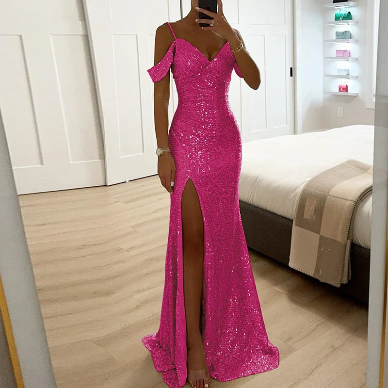 Women’s Evening Gown – Sequin Embellished – Fitted Silhouette – Off-Shoulder V-Neck