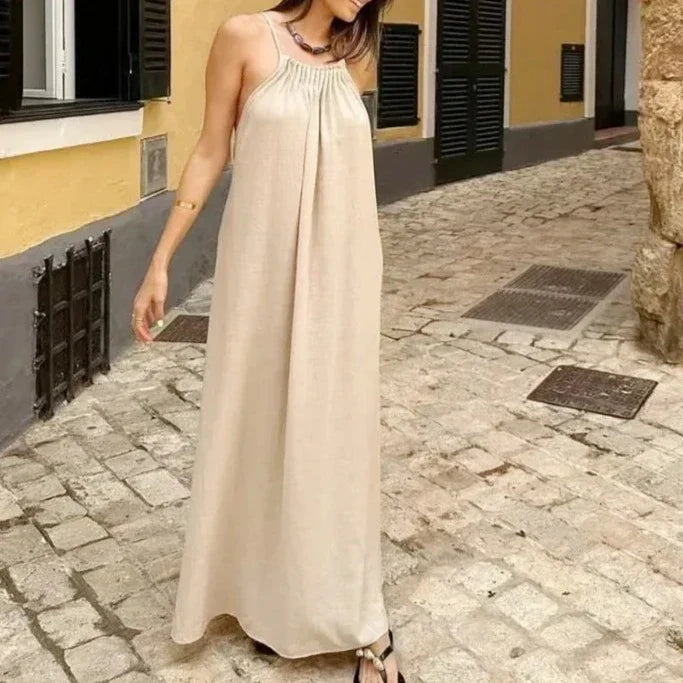 Women's Halter Neck Maxi Dress - Flowy Loose Fit - Gathered Ruched Neckline