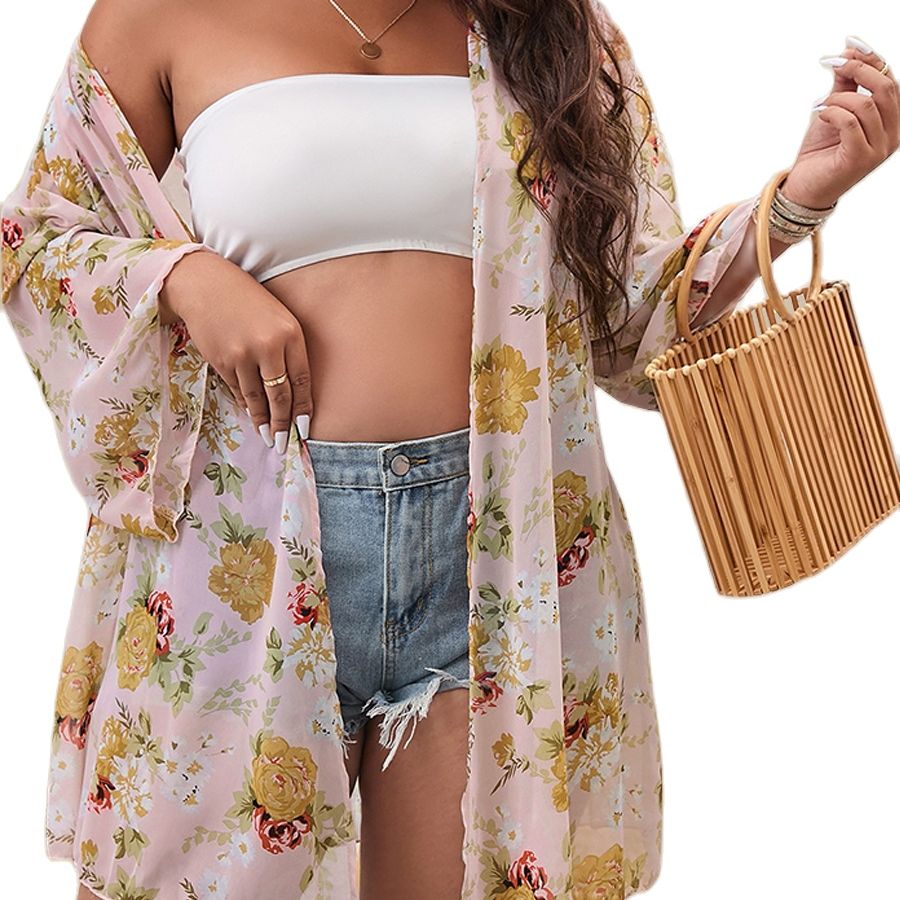Women's Kimono Cardigan - Lightweight Flowing Fabric - Floral Print - Open Front