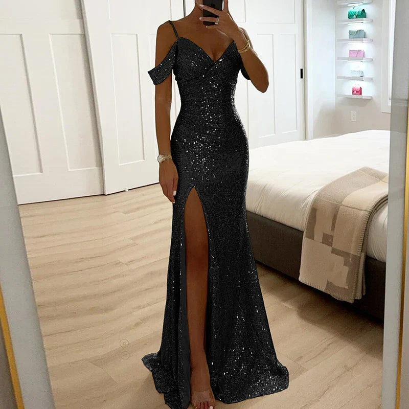 Women’s Evening Gown – Sequin Embellished – Fitted Silhouette – Off-Shoulder V-Neck