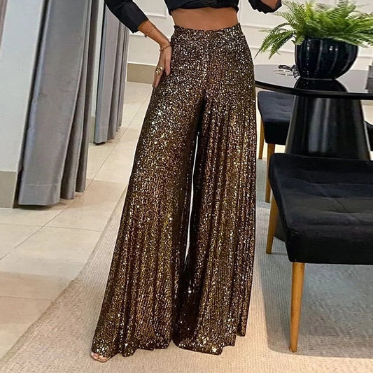 High-Waisted Sequin Wide-Leg Evening Pants