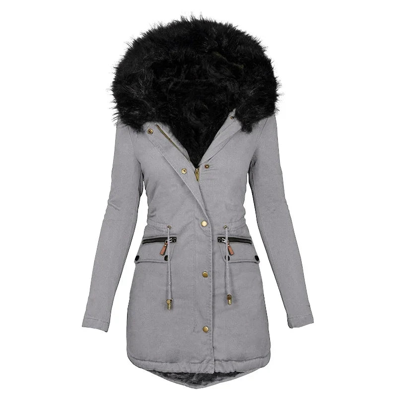Women's fluffy hooded winter jacket with fur collar