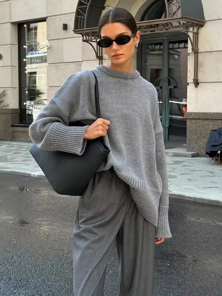Women’s Sweater – Oversized Fit – Soft Knit – Wide Crew Neck – Ribbed Cuffs & Hem