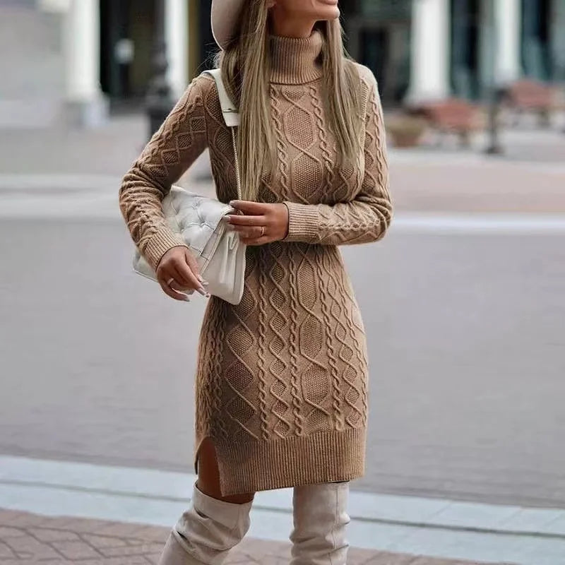 Cable Knit Turtleneck Form-Fitting Sweater Dress