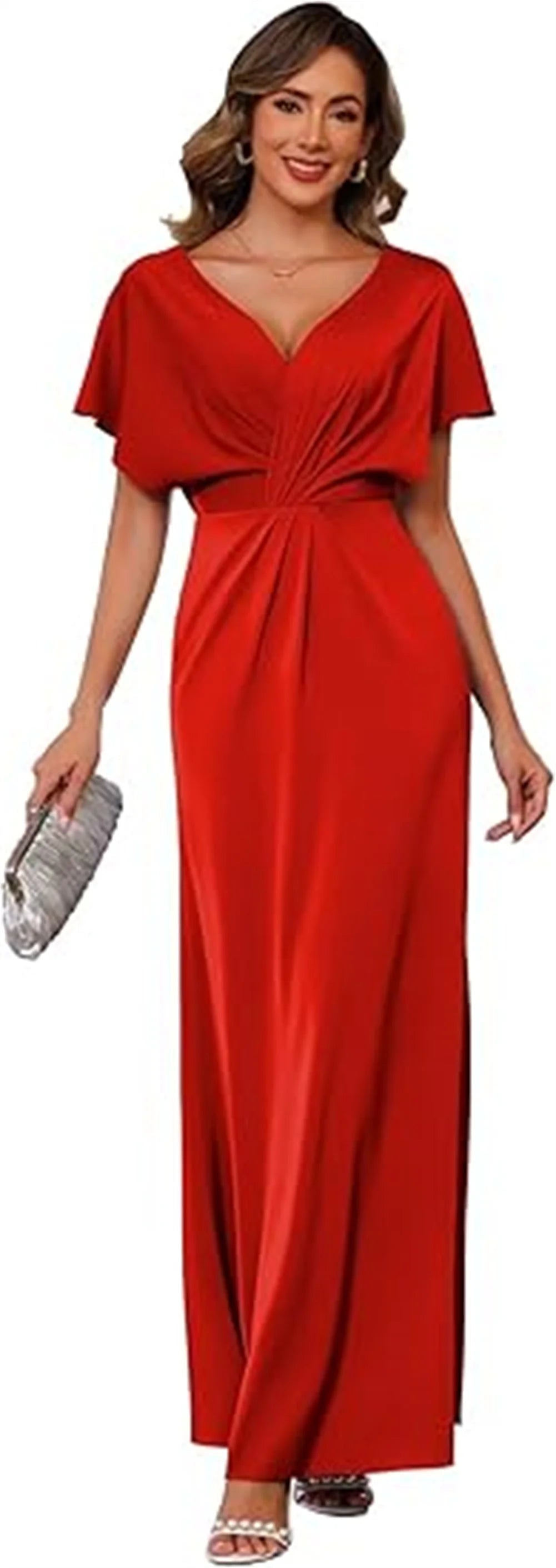 Women’s Maxi Dress – Satin Feel – Draped Waist – V-Neck – Short Sleeve Formal Fit