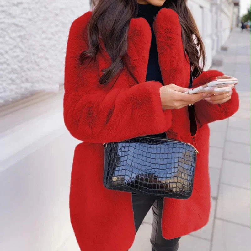 Women’s Faux Fur Jacket – Oversized Fit – Shawl Collar – Mid-Thigh Length – Open Front