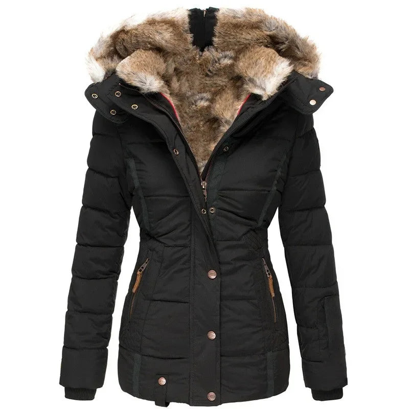 Women's winter hooded coat with zipper and snap buttons